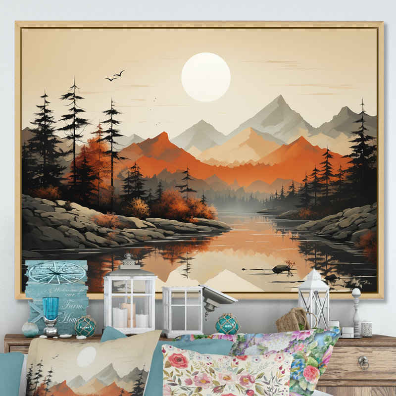 «Mountains Whisper Sunset Dreams», reproduction d'art mural, H 16 po x l 32 po x P 1 po, Cadre naturel flottant
