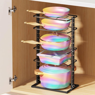 Pots and Pans Organizer Under Cabinet, 5 -Tier Dual-Pillar Design | Adjustable All-Metal Rack Stores Pots, Pans And Lids in Cabinets, on Countertops or Under Sinks, Holding Up to 55 Lb Black