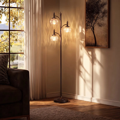 Brown Floor Lamp For Living Room,Tall Standing Lamp Dimmable Tree Floor Lamps With 3 Rotatable Lights Glass Flower Shade 66.5'' Modern Corner Lamp For Bedroom Office(3LED Bulbs Included)