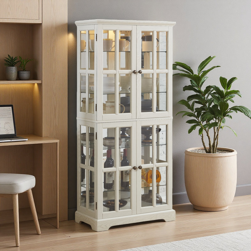 Display Cabinet, Antique Display Cabinet With Glass Doors Adjustable Shelves For Collectibles Four Door Design Vintage Showcase For Home Or Office Antique Display Case E26 Bulb Included CHE