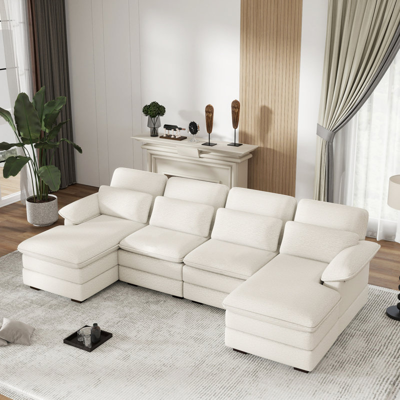 Canapé modulaire rembourré en U 111,8 po Balendin, Chenille ivoire