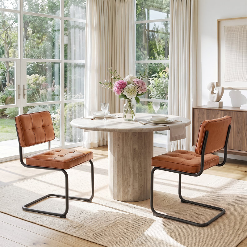 Marlow 19.3" H Mid-Century Modern Tufted Faux Leather Side Dining Chair with Steel Frame, Brown, Matte Black