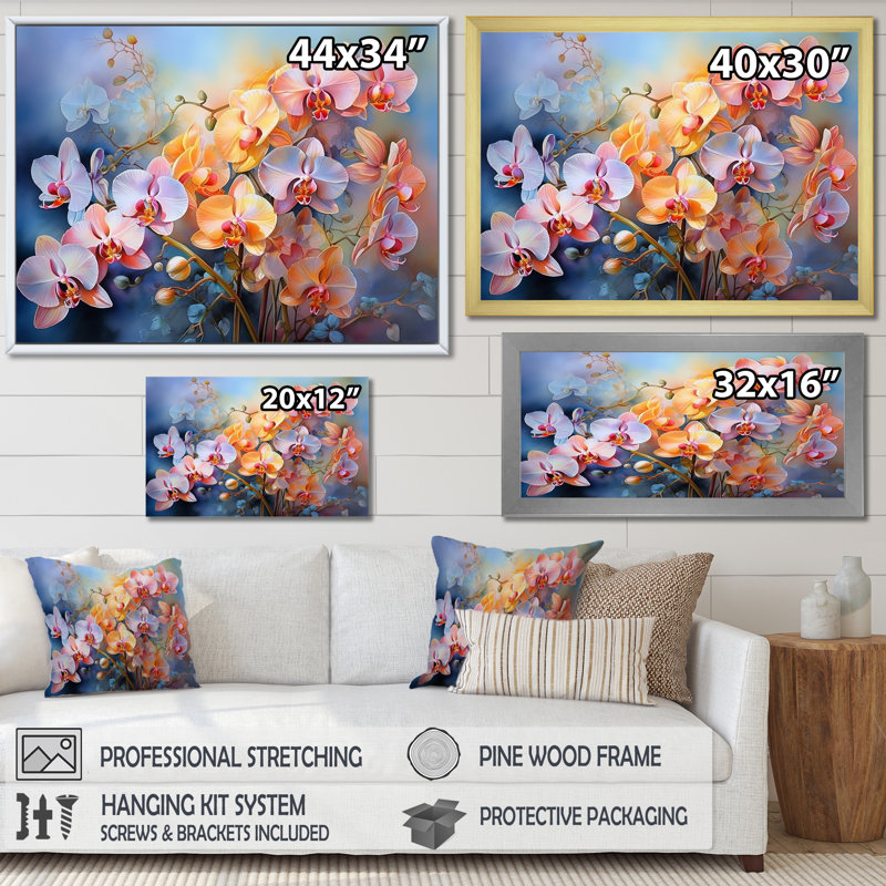 Orchidées roses au coucher du soleil sur toile, H 24 po x l 32 po x P 1 po, Cadre flottant noir