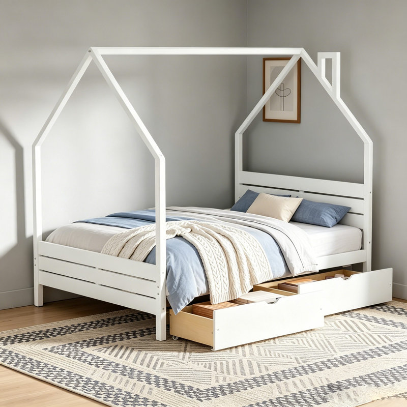 Lit maison avec tiroirs de rangement et tête de lit, White, Full