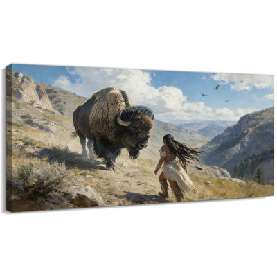 Art amérindien sur toile, Bison et femme dans une peinture de paysage de montagne, impressions sur toile d'art indien, affiche de l'Ouest