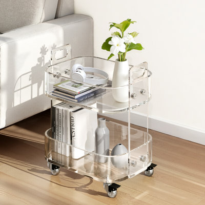 Acrylic Table with Wheels, 2 Tiers Mobile Cart Table, Modern Rolling Acrylic Storage Desk, Clear Nightstand Side End Desk, for Living Room, Bedroom, B