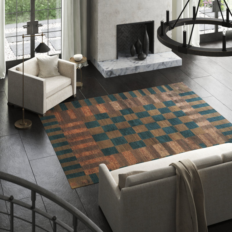 Freshwater Checkered Area Rug in Blue/Brown, Rectangle 6' x 9'