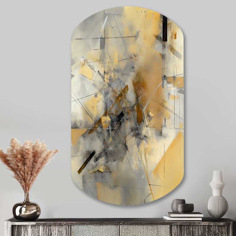 Yellow And Grey Beyond The Canvas II - Abstract Painting Asymmetrical Metal Wall Art for Living Room, Yellow Cylinder Metal Art Print