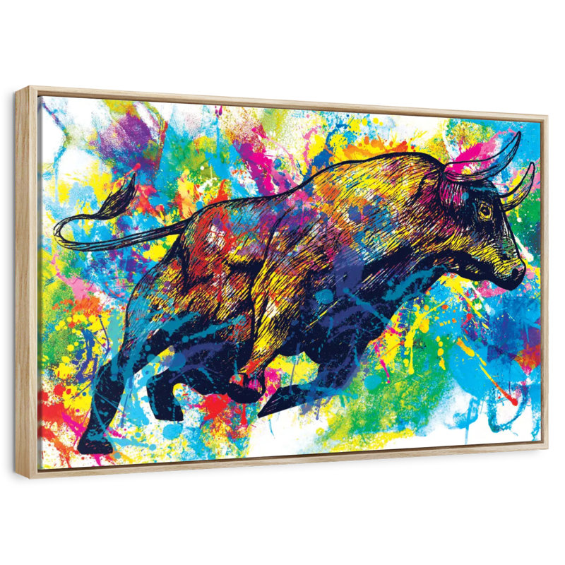 Éclaboussure de peinture Bull, 25 po x 17 po, Cadre flottant en bois naturel
