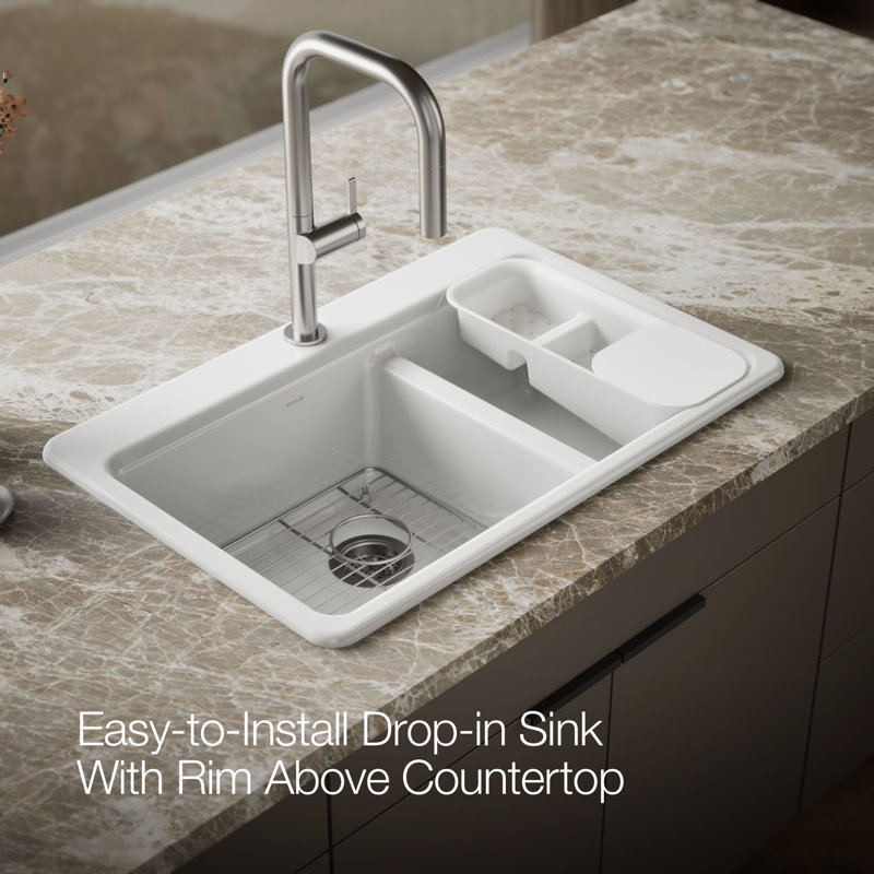 Kohler Riverby 33" x 22" x 9.63" Top-Mount Large/Medium Double-Bowl Kitchen Sink with Accessories and Single Faucet Hole