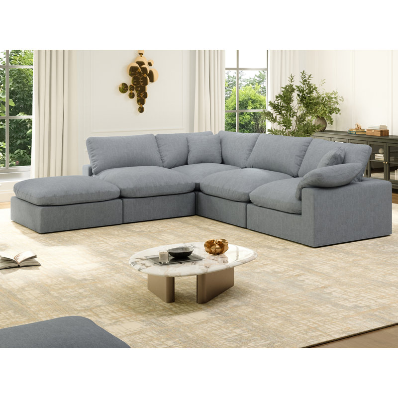  Canapé modulaire rembourré en duvet avec repose-pieds pour le bureau Hifza, Mélange de lin gris
