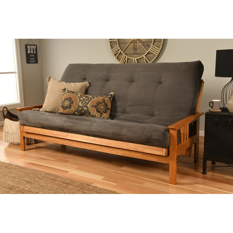 Johnte Queen 86" Futon Frame and Mattress, Gray Microsuede, Butternut, Innerspring