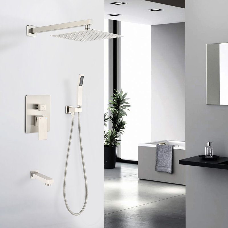 Douche murale au fini nickel brossé - pomme de pluie de 10 po, douche à main, jet réglable, ensemble de salle de bain à corrosion facile à installer de 10 po,
