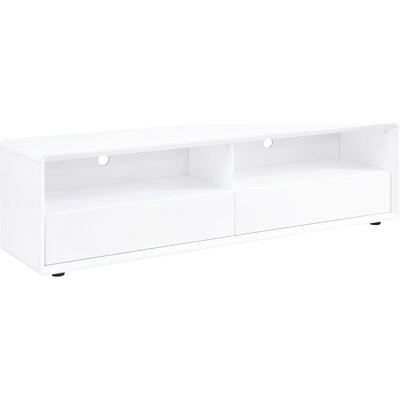 Meuble télé, blanc brillant, 2 tiroirs pour accessoires multimédias, téléviseur idéal de 70 à 79 po, meuble de rangement en bois franc d'ingénierie avec tiroirs, design lustré, bois, espaces de vie contemporains