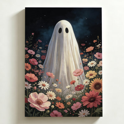 Tableau sur toile d'Halloween 40 x 60 cm. Fantôme parmi les fleurs, ciel nocturne serein. Impression sur toile artistique, fantaisiste et onirique. Décoration murale moderne pour chambre, salon et bureau.