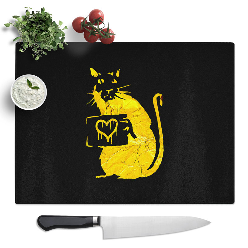 Banksy In Gold Rat With Heart Graffiti  Glass Chopping Board
