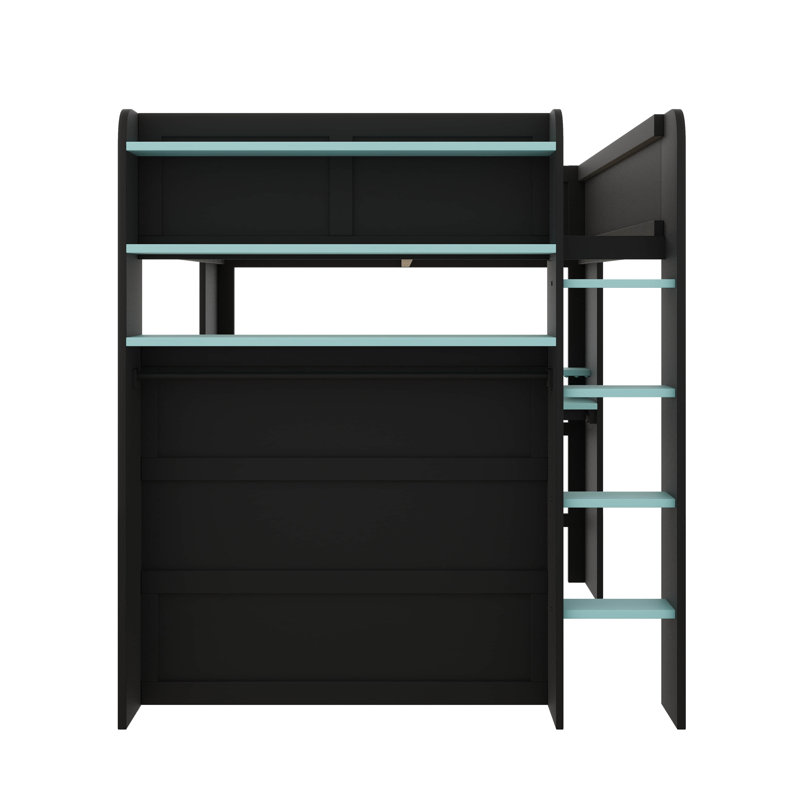 Lit superposé double avec bureau à hauteur réglable, avec garde-robe et éclairage RVB, Bleu