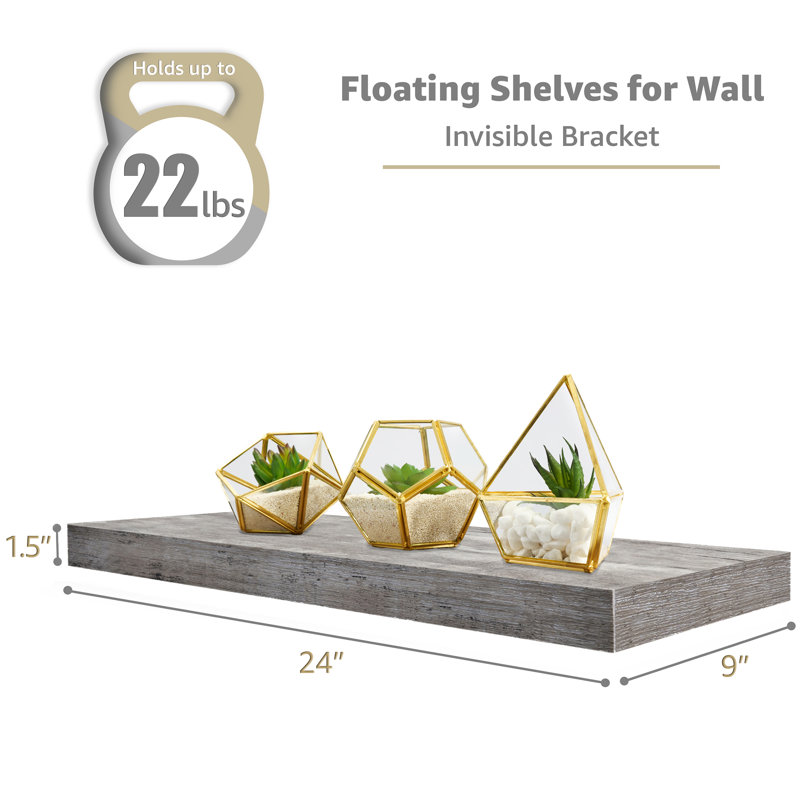 Floating Shelves with Invisible Mounting Set of 4, Gray, 1.5" H x 23.75" W x 9.25" D