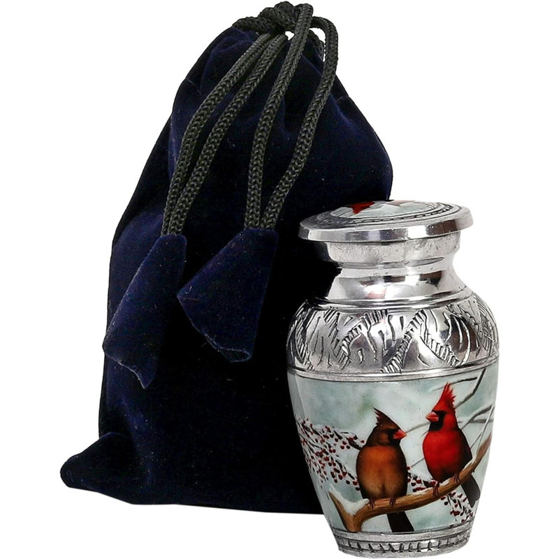 Beautiful  Cardinal Couple Bird Keepsake Urn - Memorial For Human Ashes With Velvet Box Bag - Peaceful Engraved Mini Affordable Urn