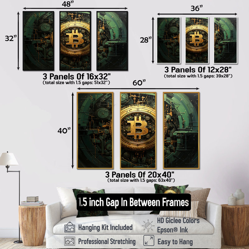 «Gold Impressionistic Crypto Bitcoin», art mural mode, Cadre flottant doré, H 32 po x l 48 po x P 1 po