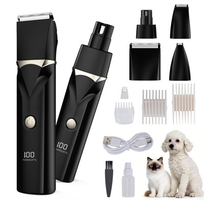 Dog Clippers For Grooming, 4-In-1 Professional Dog Grooming Kit, Low Noise & Powerful Pet Hair Trimmer, Cordless Rechargeable Pet Shaver With 6 Guide Combs & 4 Detachable Blades, Waterproof Nail Grinder Set For Dogs & Cats