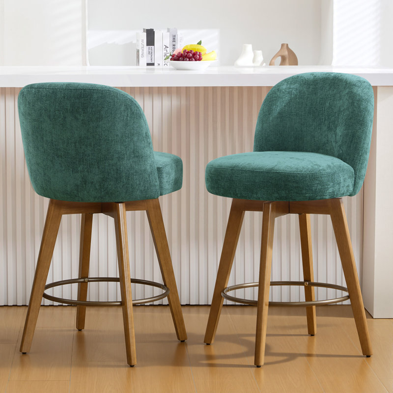 26" Swivel Upholstered Counter Stool With Solid Wood Frame And Mid Back, Dark Green/Chenille