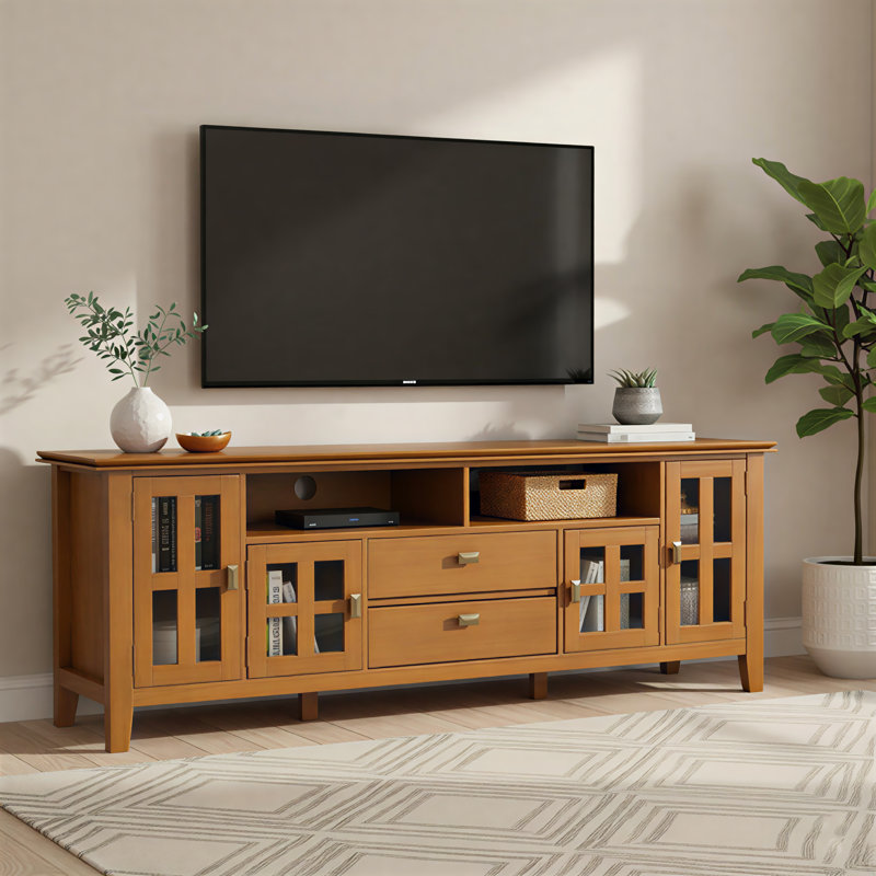 Meuble télé en bois massif de style transitionnel l 72 po pour téléviseurs de 80 po ou moins avec quatre armoires, deux tiroirs et tablettes réglables Artisan