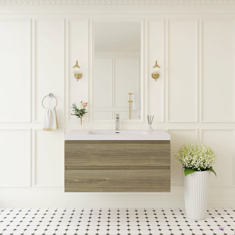 Meuble-lavabo mural 24 po avec lavabo, meuble de rangement flottant pour salle de bain avec comptoir en résine de pierre et tiroirs à fermeture en douceur