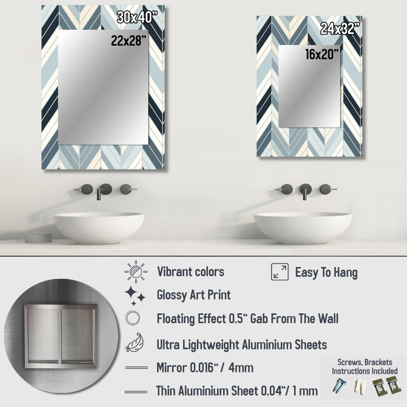 Shayleen Grey And White Herringbone Chevron Pattern - chevron  Unique Wall Mirror, Chevron Mirror, Printed Metal Art