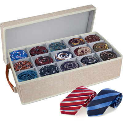 Organisateur de ceinture pour placard, bacs de rangement pour cravates avec organisateur de tiroir à 15 compartiments, boîte de rangement pour organisateurs de placard en lin
