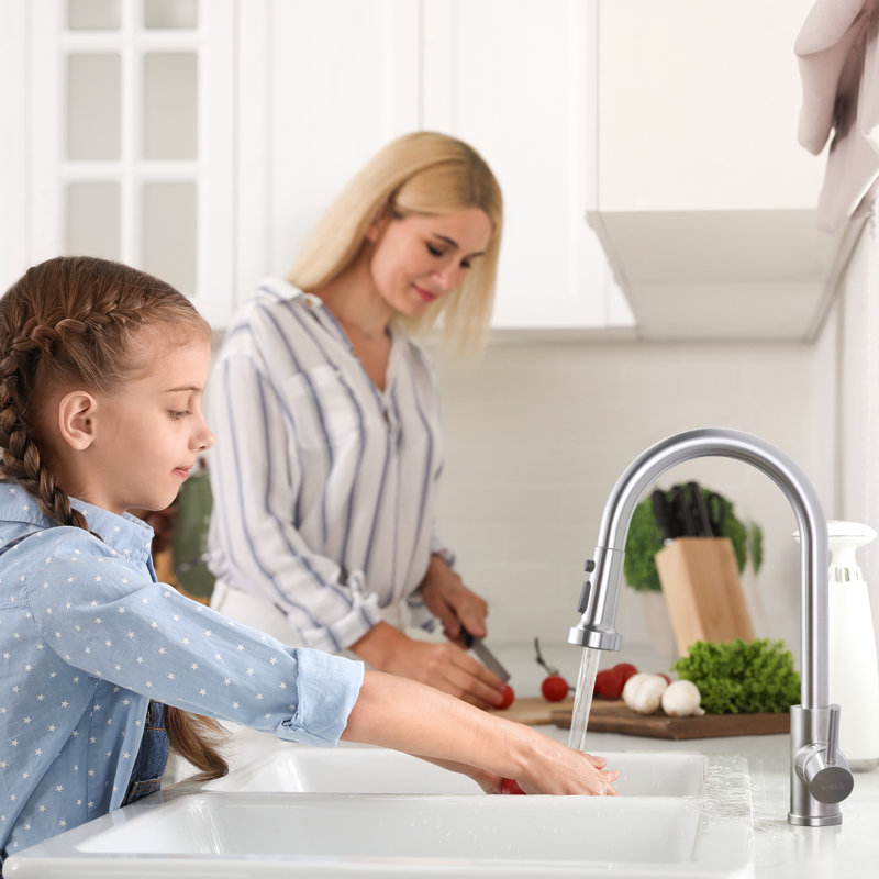 Robinet de cuisine rétractable à poignée simple avec jet avancé 3 modes, Nickel brossé