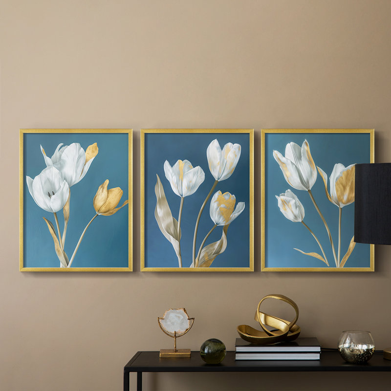 Étude florale série li-ensemble de 3 estampes giclées encadrées-prêt à accrocher, Cadre doré, H 28 po x l 22 po