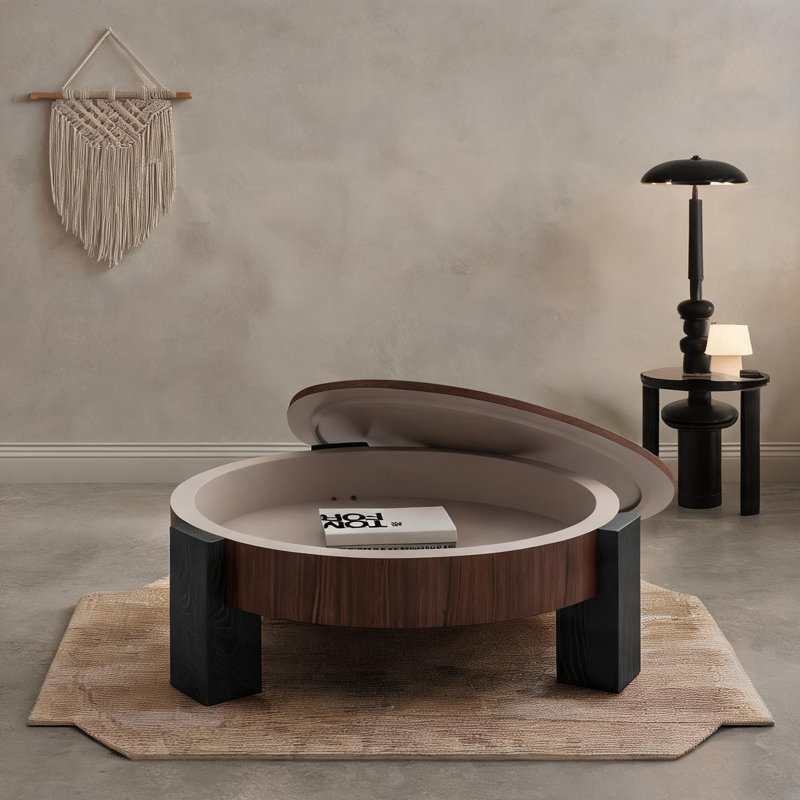 Table basse ronde de 33 pouces avec rangement à plateau relevable, bois massif géométrique moderne et placage, noyer et noir mat