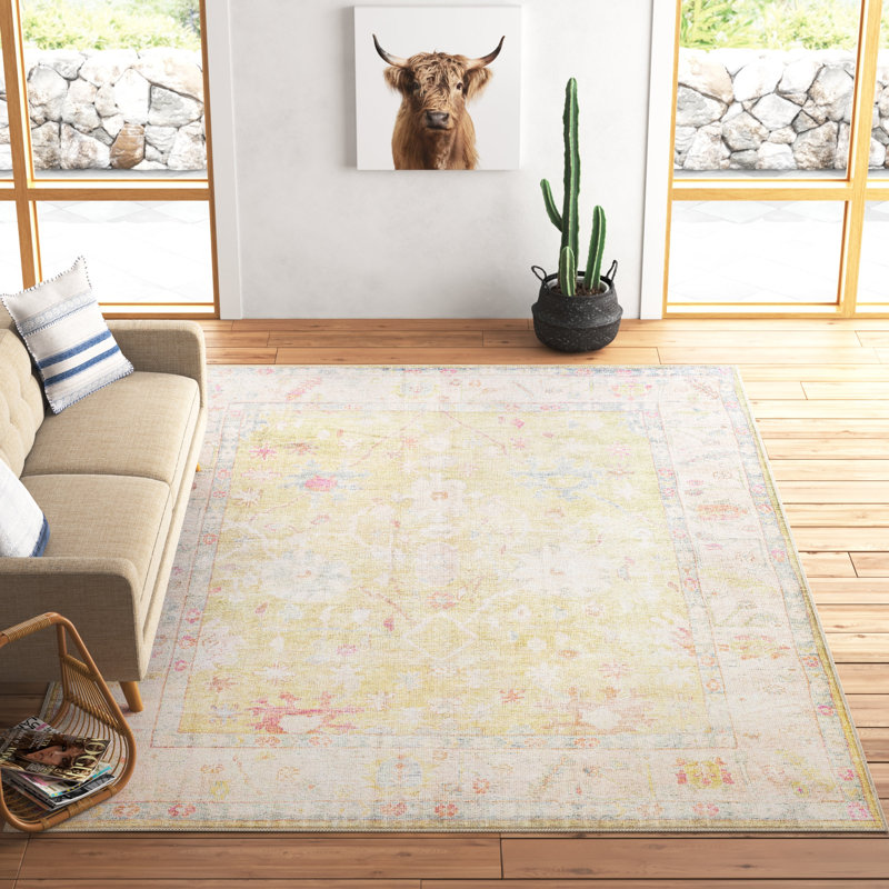 Dietrick Machine Washable Oriental Grass Green/Light Pink Area Rug, Rectangle 7'6" x 9'6"