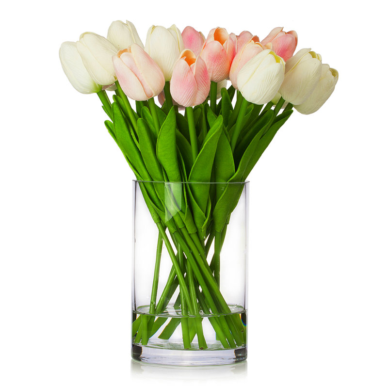 Silk Tulip Arrangement in Vase, White Pink