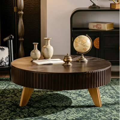 39.37" Retro Round Coffee Table with Storage Space, Suitable for Living Room and Office, Brown