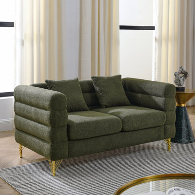 2-Person Sofa For Entertaining Guests 60Inch Oversized 2 Seater Sectional Sofa, Living Room Comfort Fabric Sectional Sofa-Deep Seating Sectional Sofa, Soft Sitting With 2 Pillows For Living Room, Bedroom, Office, Green Teddy