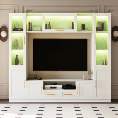 4-piece Wall Unit Tv Stand With Led Lights For Tvs Up To 70", Large Entertainment Center  With Bookshelves