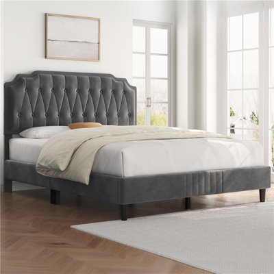 Gelinkaya Velvet Tufted Upholstered Platform Bed with Wood Slats Headboard Included