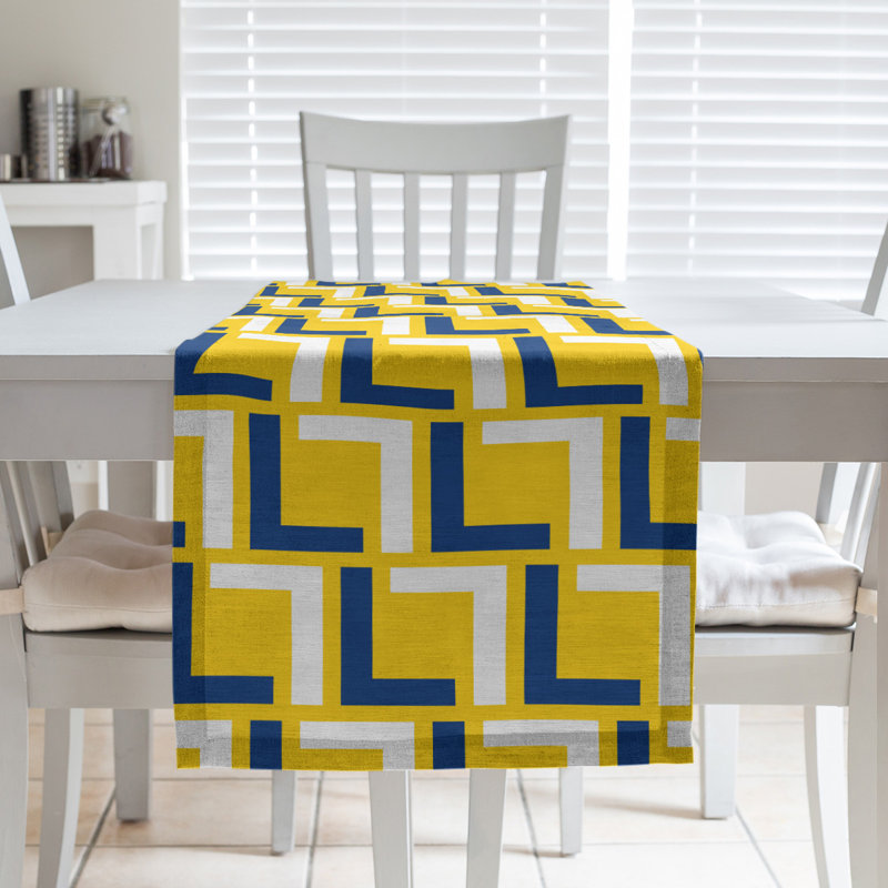Geometric Table Runner, Polyester, Royal Blue/White/Gold, 72" x 16"