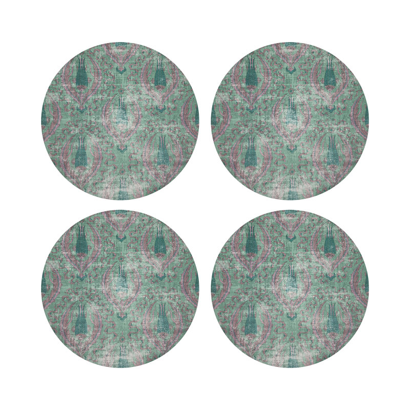 Jewel White Vegan Leather Round Coasters, Green