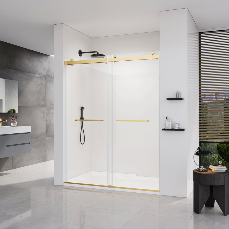 Sliding Frameless Soft-Close Shower Door For Bathroom, Brushed Gold