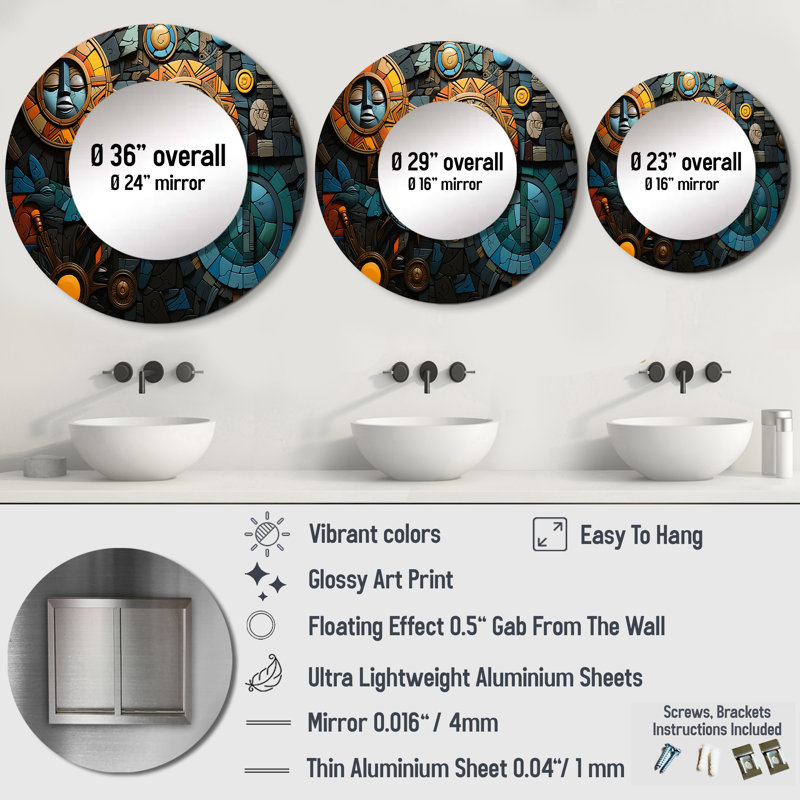 Sester African Cultural Mosaic - African Art Decorative Mirror, Turquoise Large Round Wall Mirror, Printed Metal Art