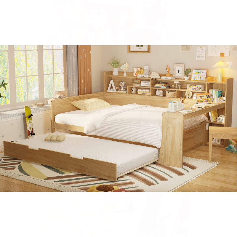 Lit de jour double en bois avec tablettes de rangement, lit multifonctionnel avec lit gigogne simple et bureau d'étude, naturel