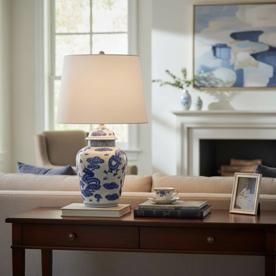 Blue and White Floral Ceramic Table Lamp | Hand-Finished Decorative Accent Lamp Shade for Bedroom or Living Room