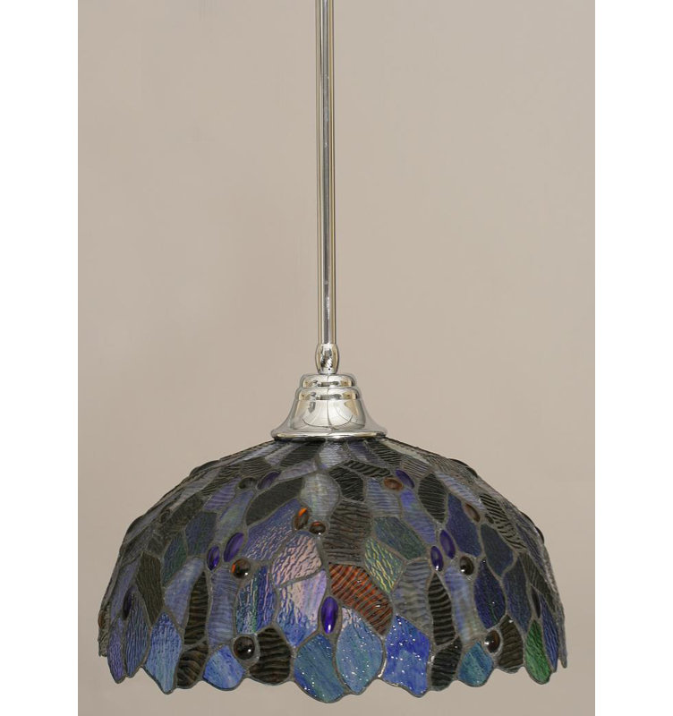 Stem Hung Pendant With Glass, Chrome, 14.75", Blue Mosaic Tiffany Glass