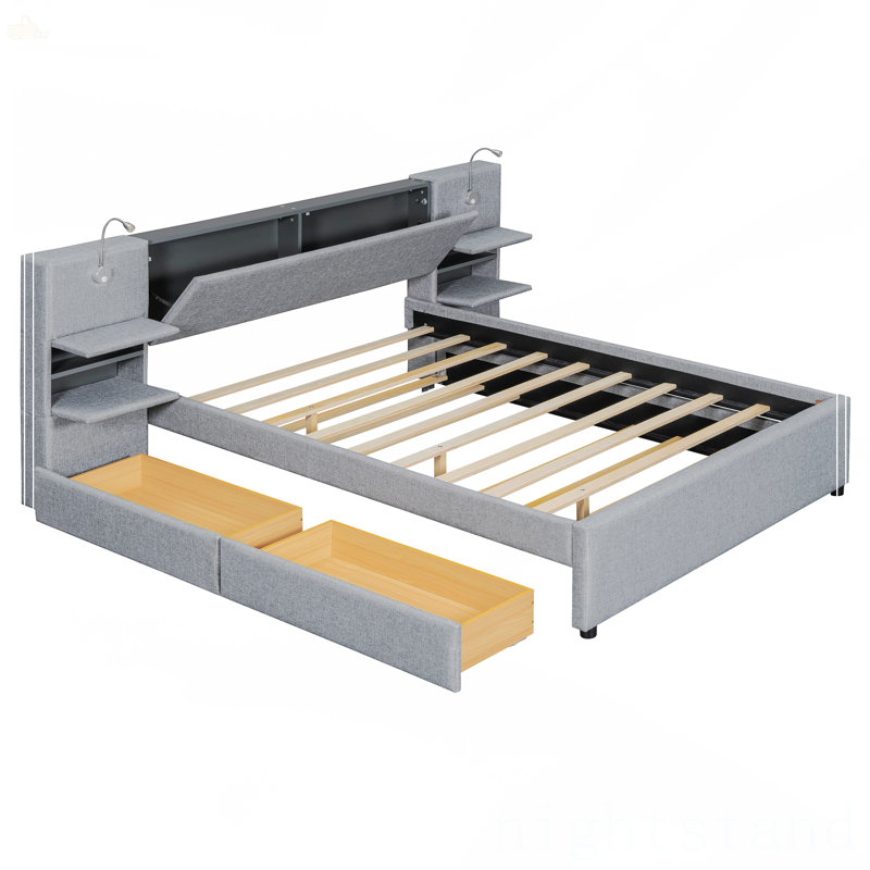Grand lit plateforme tapissier avec lumières de lecture