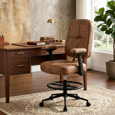 Chaise de bureau ergonomique en similicuir, chaise de bureau pivotante réglable, chaises de dessinateur avec repose-pieds et accoudoirs rabattables rembourrés, idéale pour les bureaux debout réglables, le bureau personnel ou le bureau
