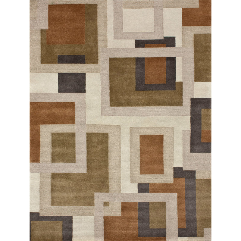 Tapis géométrique en laine / viscose à motif géométrique brun / ivoire / orange, Rectangle 6 pi x 9 pi
