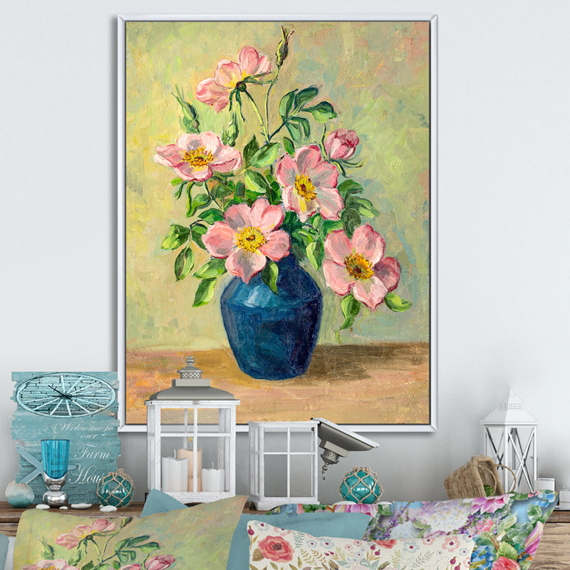 Fleurs roses dans un vase bleu - Peinture sur toile encadrée, H 40 po x l 30 po x P 1,5 po, Toile à cadre flottant blanc